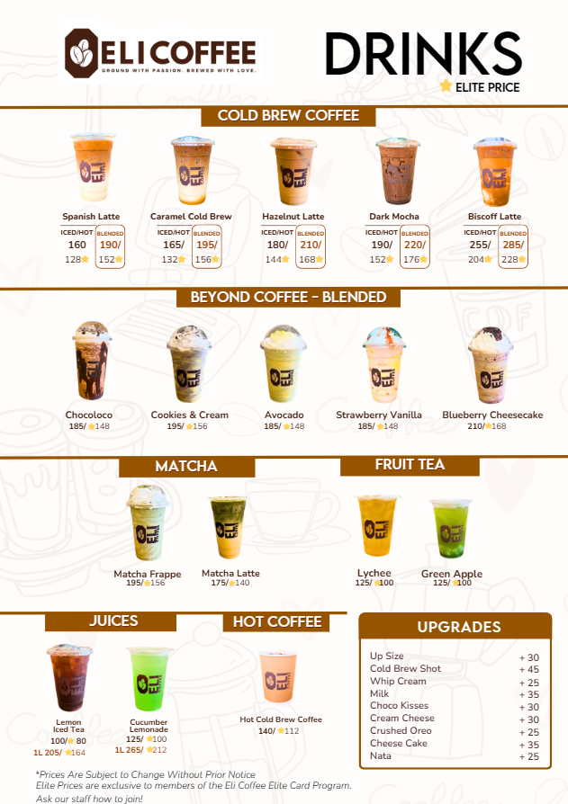 ELI Coffee drinks menu — cold brew, blended, matcha, fruit tea, juices, hot coffee and upgrades