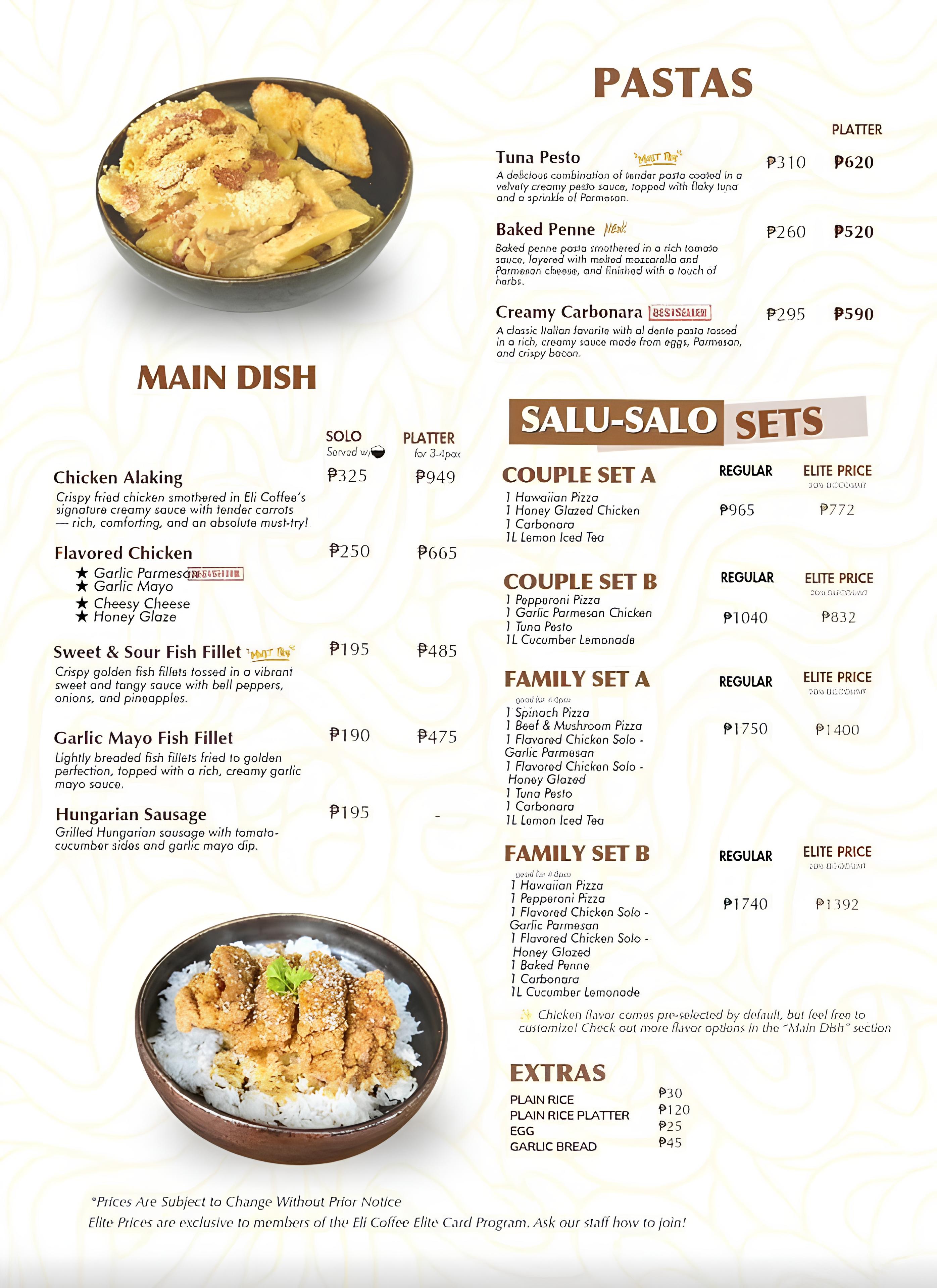 ELI Coffee main dish, pasta, and salu-salo set menu with prices