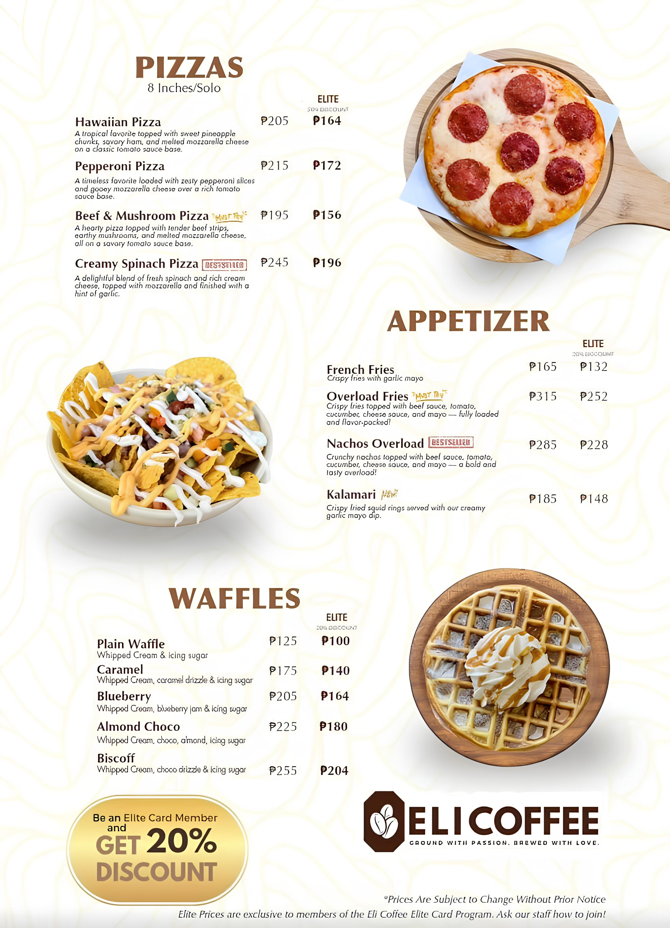 ELI Coffee pizza, appetizer, and waffle menu with prices