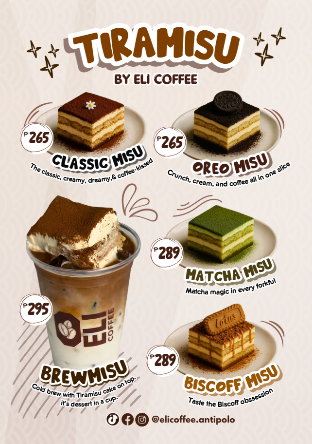 Tiramisu by ELI Coffee — dessert menu with sizes and prices